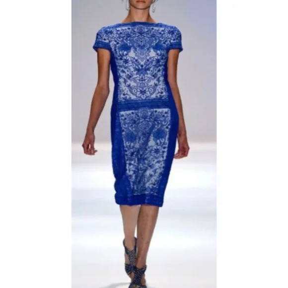 Tadashi Shoji | Dresses | Tadashi Shoji Blue Lace Overlay Dress Knee Length  Cap Sleeves Dropped Waist Sz 2 | Poshmark